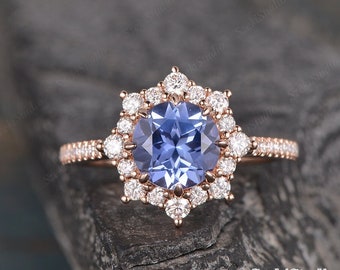 1CT Sapphire ring for women Vintage unique halo cluster Lavender sapphire ring September birthstone engagement ring Rose gold Peekaboo Stone