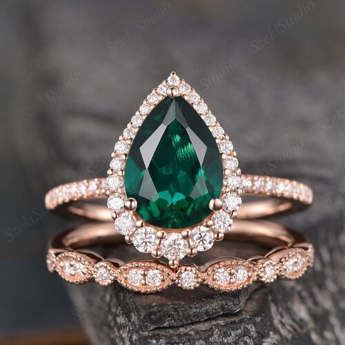 Pear Shaped Engagement Ring Rose Gold Bridal Set Pear Shaped Etsy