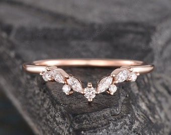 Moissanite Wedding Band Women Rose Gold Marquise Curved Diamond Ring Cluster V Shaped Chevron Matching Stack Wedding Ring Dainty Bridal Ring