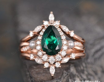 Emerald Wedding Ring Set Pear Shaped Emerald Engagement Ring Infinity Rose Gold Teardrop Halo Ring Antique Twist Anniversary Ring Enhancer