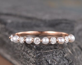 Pearl Diamond Wedding Band Women Rose Gold Pearl Matching Band Akoya Pearl Ring Half Eternity Delicate Stack Ring Dainty Bridal Gift