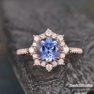 1CT Sapphire ring for women Vintage unique halo cluster Lavender sapphire ring September birthstone engagement ring Rose gold Peekaboo Stone