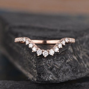 Curved Matching Wedding Band Diamond Chevron Custom Wedding Band Women Half Stacking Wedding Ring Rose Gold V Shaped Delicate Bridal Ring