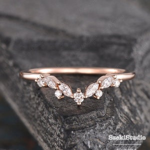 Moissanite Wedding Band Women Rose Gold Marquise Curved Diamond Ring Cluster V Shaped Chevron Matching Stack Wedding Ring Dainty Bridal Ring