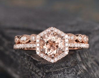 Hexagon Cut Morganite Engagement Ring Set 2pcs Rose Gold Engagement Ring Round Cut Halo Diamond Half Eternity Solitaire Bridal Woman Wedding