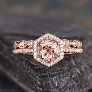 Hexagon Cut Morganite Engagement Ring Set 2pcs Rose Gold Engagement Ring Round Cut Halo Diamond Half Eternity Solitaire Bridal Woman Wedding