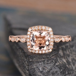 Morganite Engagement Ring Rose Gold Art Deco Cushion Cut Ring Halo Diamond Half Eternity Band Women Promise Ring Anniversary Gift For Her