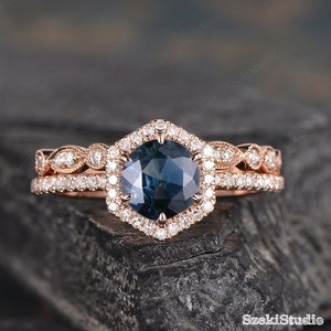 Montana Sapphire Engagement Ring Rose Gold Natural Teal Sapphire Ring Hexagon Cut Bridal Set Round Cut Halo Diamond Art Deco Matching 2pcs