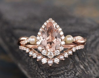 1.6CT Pear Shaped Morganite Engagement Ring Set Rose Gold Women Halo Morganite Bridal Set Pearl Twist Infinity Diamond Wedding Ring Set Gift