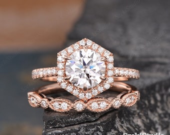 Rose Gold Engagement Ring Set Hexagon Moissanite Bridal Ring Set
