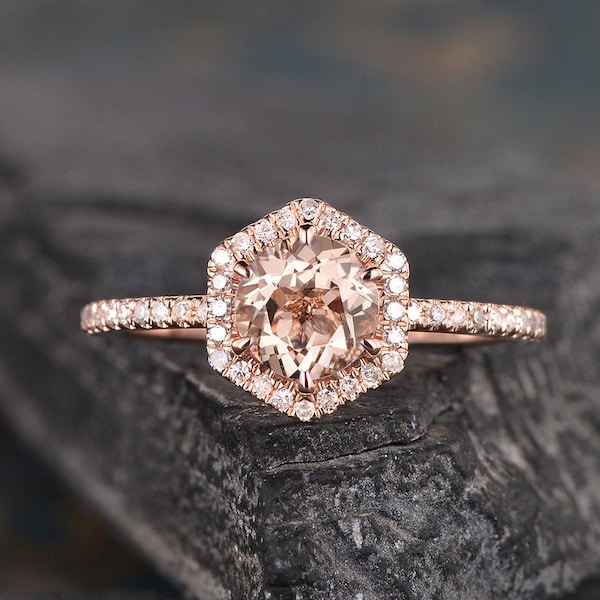 Hexagon Cut Morganite Engagement Ring Rose Gold Morganite Bridal Ring  Halo Diamond Half Eternity Ring Unique Solitaire Bridal Wedding Ring
