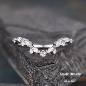 Cluster Moissanite Wedding Band White Gold Marquise Curved Ring Unique V Shaped Chevron Matching Stack Dainty Bridal Promise Custom Made