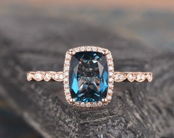 Rose Gold Blue Topaz Engagement Ring Diamond Halo Cushion Cut London Blue Topaz Art Deco Milgrian Unique Women Bridal Wedding Anniversary