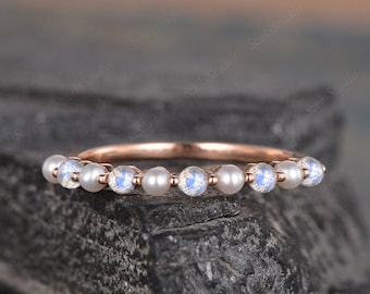 Pearl Moonstone Wedding Band Women Rose Gold Pearl Matching Band Akoya Pearl Ring Half Eternity Stacking Minimalist Delicate Dainty Bridal