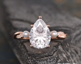 2ct Pearl Moissanite Engagement Ring Solitaire Rose Gold Women Pear Shaped Moissanite Bridal Ring Halo Infinity Diamond Wedding Eternity
