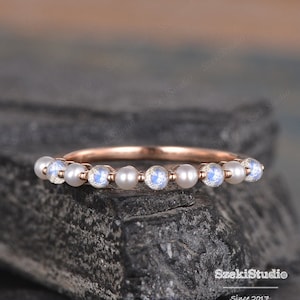 Pearl Moonstone Wedding Band Women Rose Gold Pearl Matching Band Akoya Pearl Ring Half Eternity Stacking Minimalist Delicate Dainty Bridal