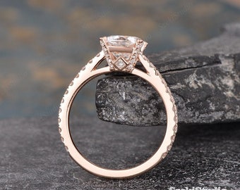 Antique Moissanite Engagement Ring Rose Gold Cushion Moissanite Ring Unique Bottom Solitaire Half Eternity Ring Bridal Anniversary Women