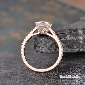 Antique Moissanite Engagement Ring Rose Gold Cushion Moissanite Ring Unique Bottom Solitaire Half Eternity Ring Bridal Anniversary Women