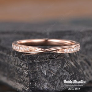 Infinity Diamond Twist Wedding Band Rose Gold Shaped Stacking Matching Wedding Women Dainty Delicate Ring Half Eternity Milgrain Anniversary