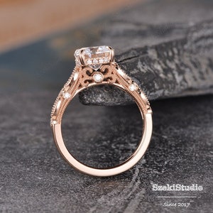 Peekaboo Round Cut Moissanite Engagement Ring Rose Gold Art Deco Diamond Wedding Ring Bridal Ring Vintage Antique Filigree Anniversary Ring