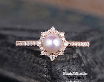 Rose Gold Pearl Engagement Ring Halo Diamond Natural Akoya Pink Pearl June Birthstone Women Anniversary Gift Half Eternity Cluster
