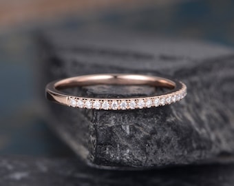 Rose Gold Diamond Wedding Band Half Eternity Women Stackable Ring Minimalist Delicate Matching Ring Dainty Bridal Promise Anniversary Gift