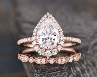 Pear Shaped Moissanite Engagement Ring Rose Gold  Bridal Set  Pear Moissanite Stacking Ring Set Tear Drop Halo Ring Art Deco Handmade Gift