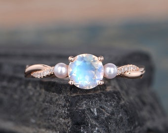 Rose Gold Moonstone Engagement Ring Infinity Wedding Band Akoya Pearl Birthstone June Bridal Ring Diamond Women Three Stone Ring