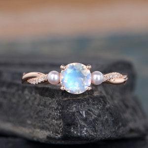 Rose Gold Moonstone Engagement Ring Infinity Wedding Band Akoya Pearl Birthstone June Bridal Ring Diamond Women Three Stone Ring