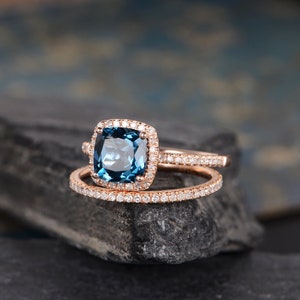 London Blue Topaz Engagement Ring Set Rose Gold Bridal Set - Etsy