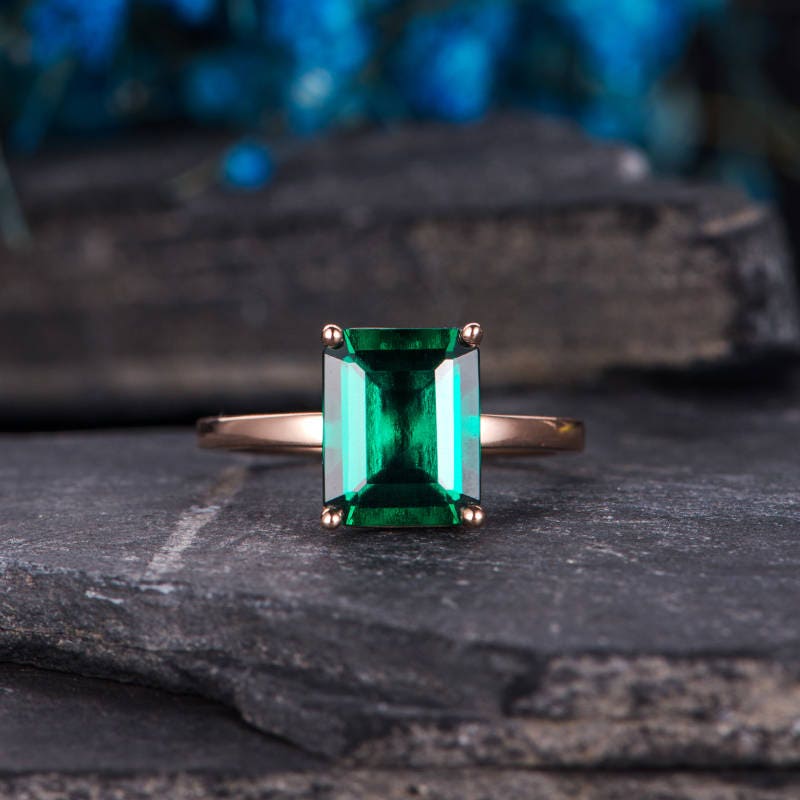 Emerald Ring May Birthstone 14k Solid Gold Ring Gemstone Ring Lab Emerald Ring Engagement Ring Rectangle Ring Anniversary Ring Gift or Her
