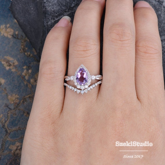 Natural Amethyst Purple Crystal Ring Set 2 Pieces Pear Cut Shaped Band  Wedding Ring 14k Pink Gold