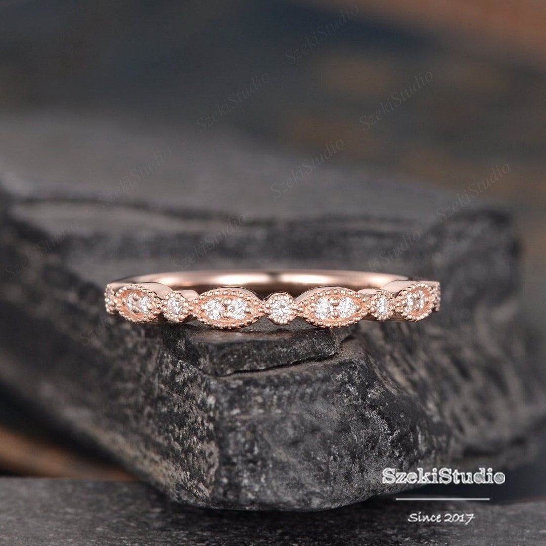 Rose Gold Diamond Wedding Band Women Vintage Marquise Ring Art Deco ...