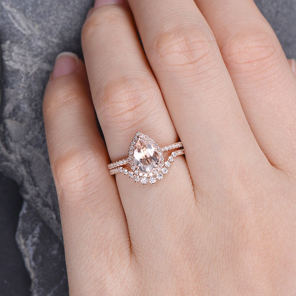 6x8mm Pear Shaped Morganite Bridal Set Rose Gold Engagement Ring Set ...