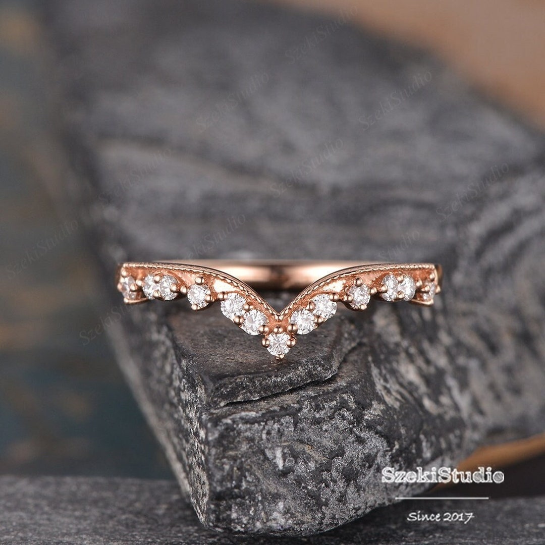 Cluster Moissanite Wedding Band Rose Gold Curved Ring Unique V Shaped ...