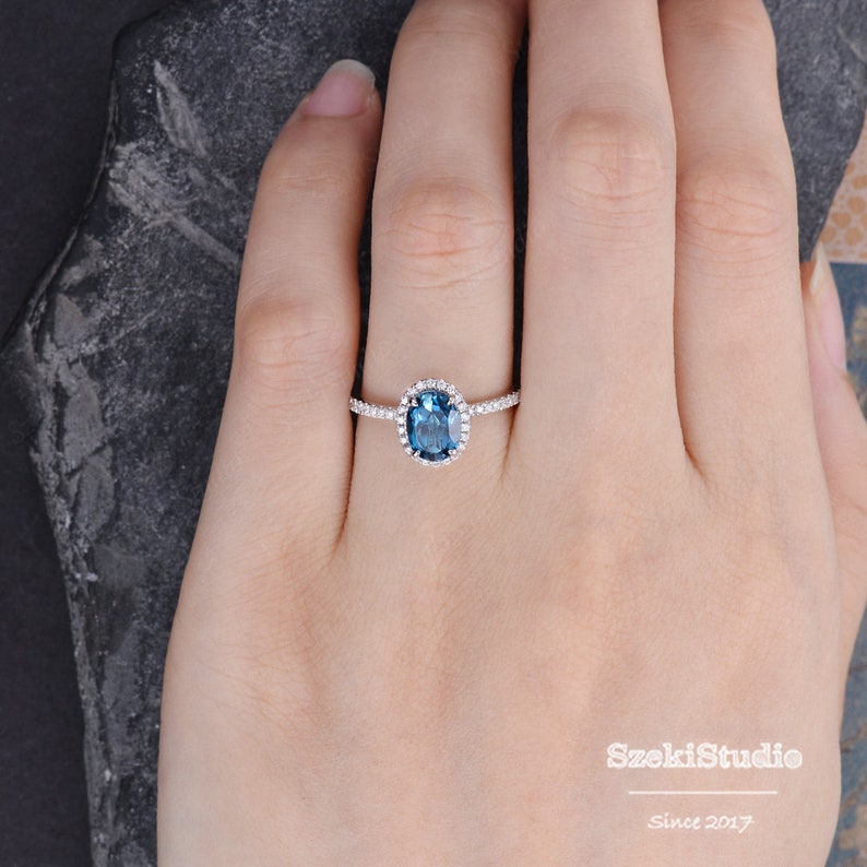 London Blue Topaz Ring Rose Gold Engagement Ring Halo Oval Cut - Etsy