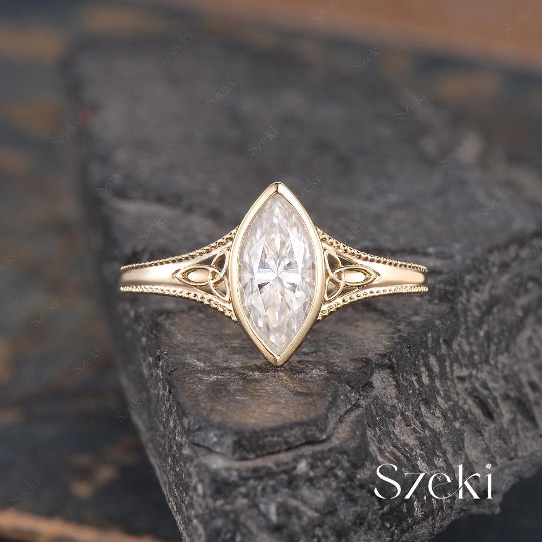 Vintage Marquise Cut Moissanite Engagement Ring Yellow Gold Celtic Knot ...