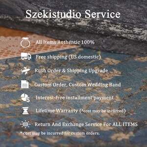 Pu&ograve; includere: Una grafica con un elenco dei servizi offerti da Szekistudio. I servizi includono: Tutti gli articoli autentici al 100%, Spedizione gratuita (Stati Uniti continentali), Ordine urgente e aggiornamento della spedizione, Ordine personalizzato, Fascia nuziale personalizzata, Pagamento rateale senza interessi, Garanzia a vita (*potrebbero essere sostenuti costi), Servizio di restituzione e cambio per TUTTI GLI ARTICOLI. Il testo nella parte inferiore della grafica dice: *potrebbero essere sostenuti costi per gli ordini personalizzati.