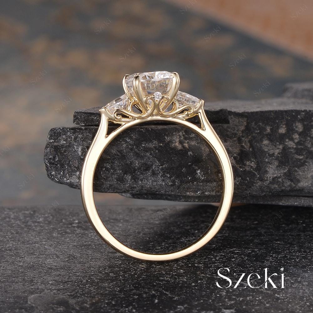 Unique Elongated Cushion Cut Moissanite Engagement Ring Yellow Gold Kite Moissanite Three Stone Ring Vintage Filigree Ring Floral Promise