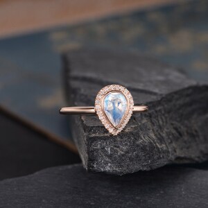 Moonstone Engagement Ring Rose Gold Pear Shaped Ring Bridal Diamond Halo Women Antique Ring Anniversary Gift Bezel Set Eternity Tear image 4