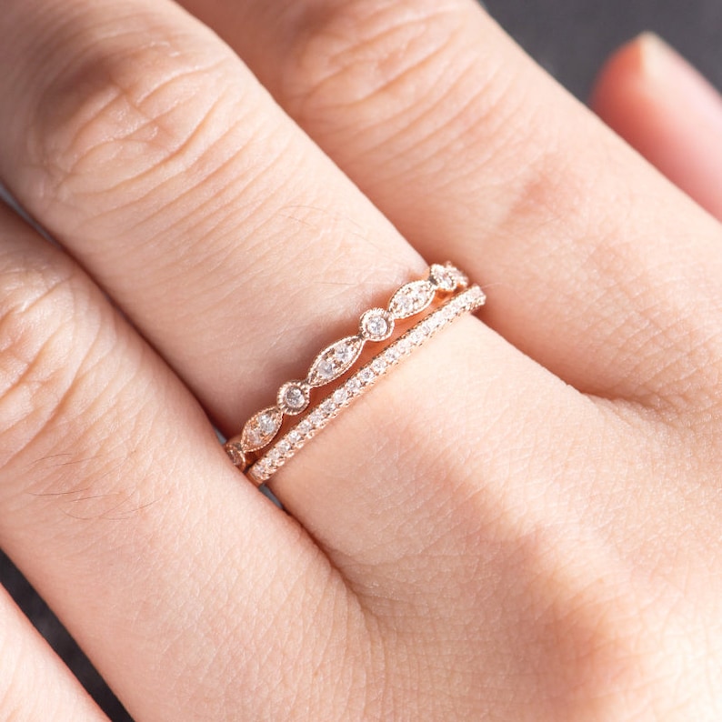 Half Eternity Diamond Wedding Band Rose Gold Stacking Women Etsy