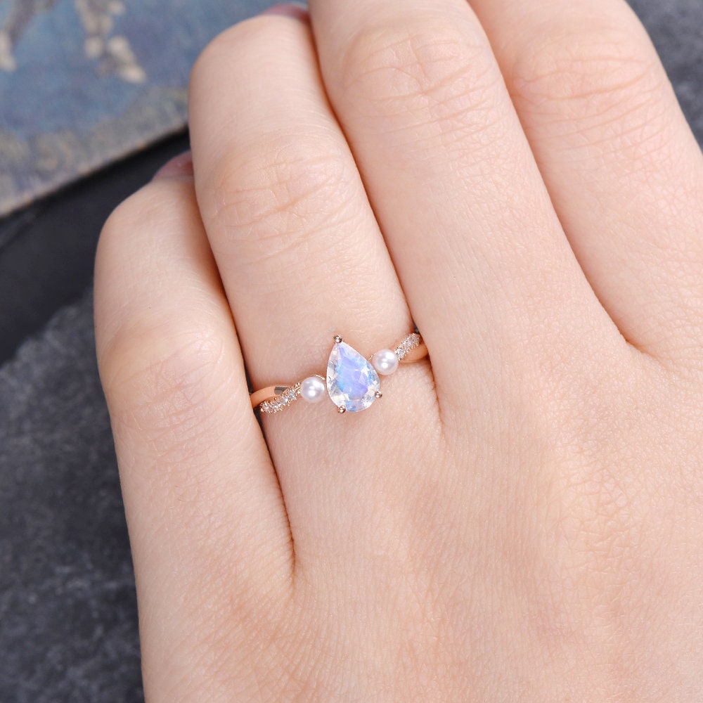 Rose Gold Moonstone Engagement Ring Infinity Wedding Band Pear