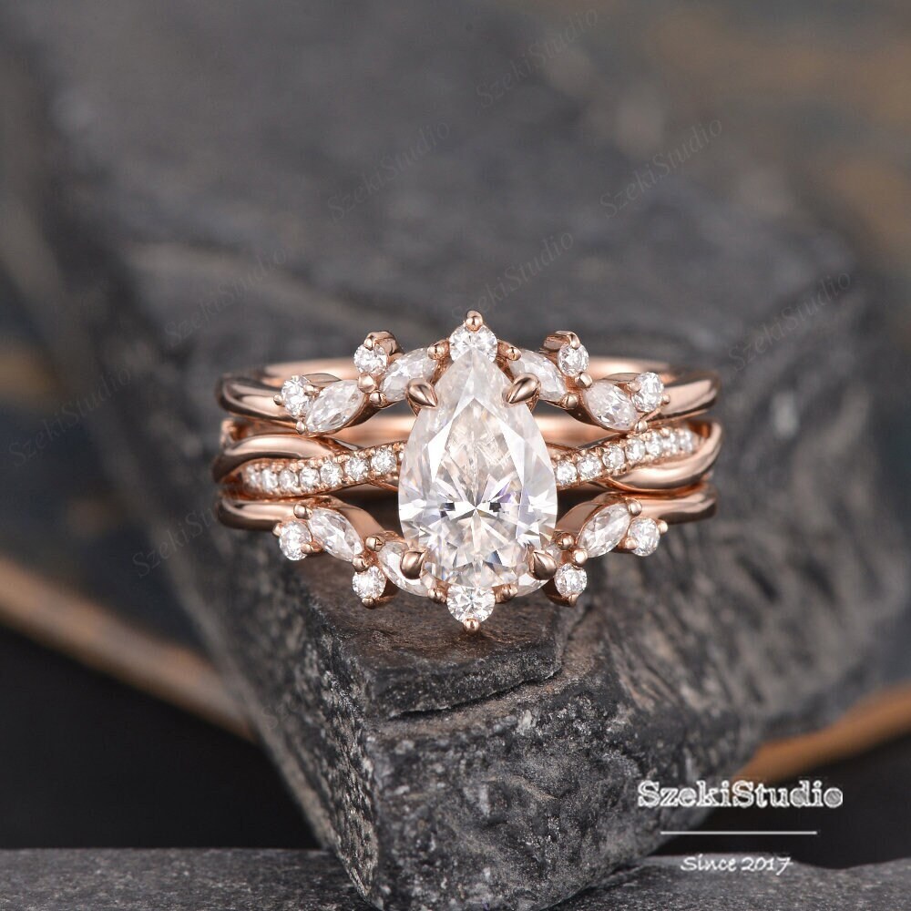 Pear Moissanite Ring Set Rose Gold Infinity Engagement Ring Twist  Moissanite Band Cage Ring Enhancer Diamond Half Eternity Bridal Ring 2pcs