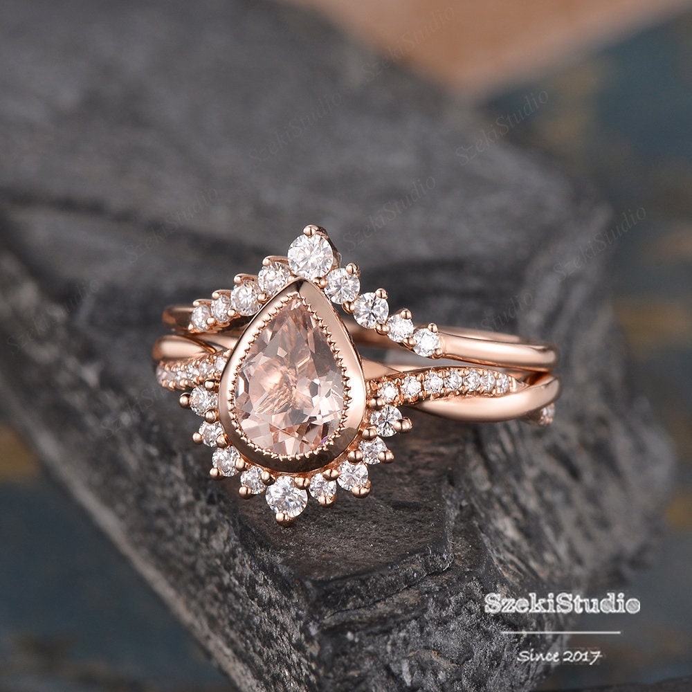 Vintage Natural Morganite Hexagon Ring Set w/ Diamond Open Milgrain Enhancer Band Rose Gold