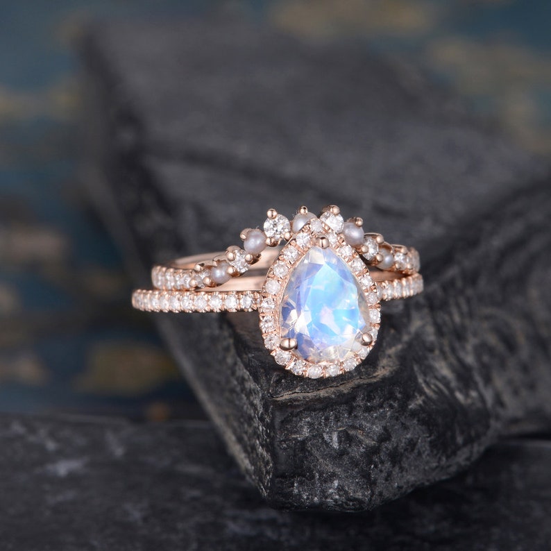 Pearl and Moonstone Engagement Ring Rose Gold Pear Shaped Rose - Etsy