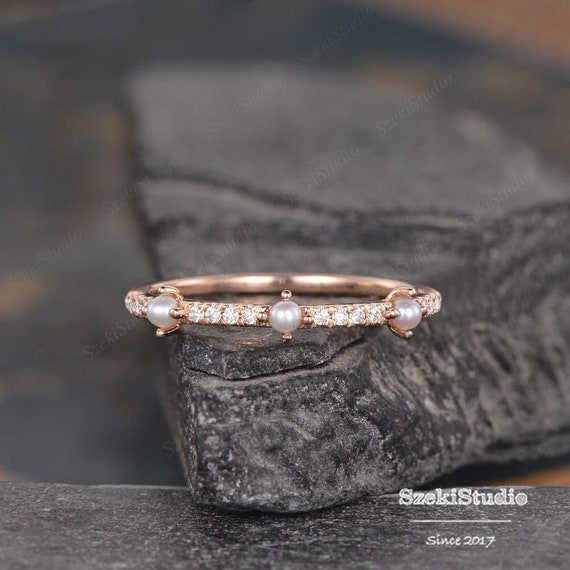 Pearl Diamond Wedding Band Pearl Matching Ring Akoya Pearl Ring Women Rose Gold Half Eternity Delicate Stack Moissanite Ring Bridal Gift Etsy Israel