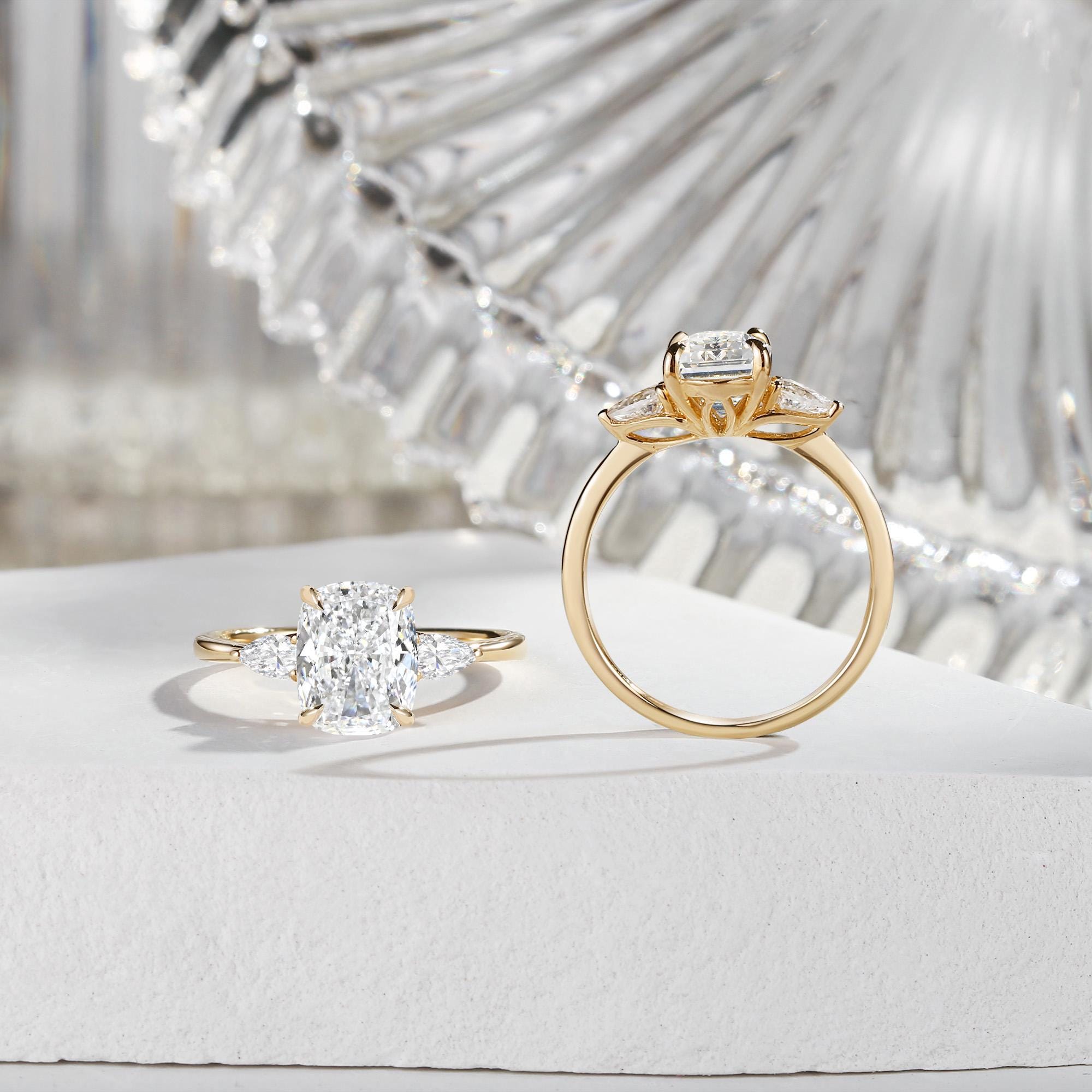 Unique Elongated Cushion Cut Lab Diamond Ring Solid Gold Lotus Floral Engagement Ring Three Stone Lab Grown Diamond Ring Promise Ring