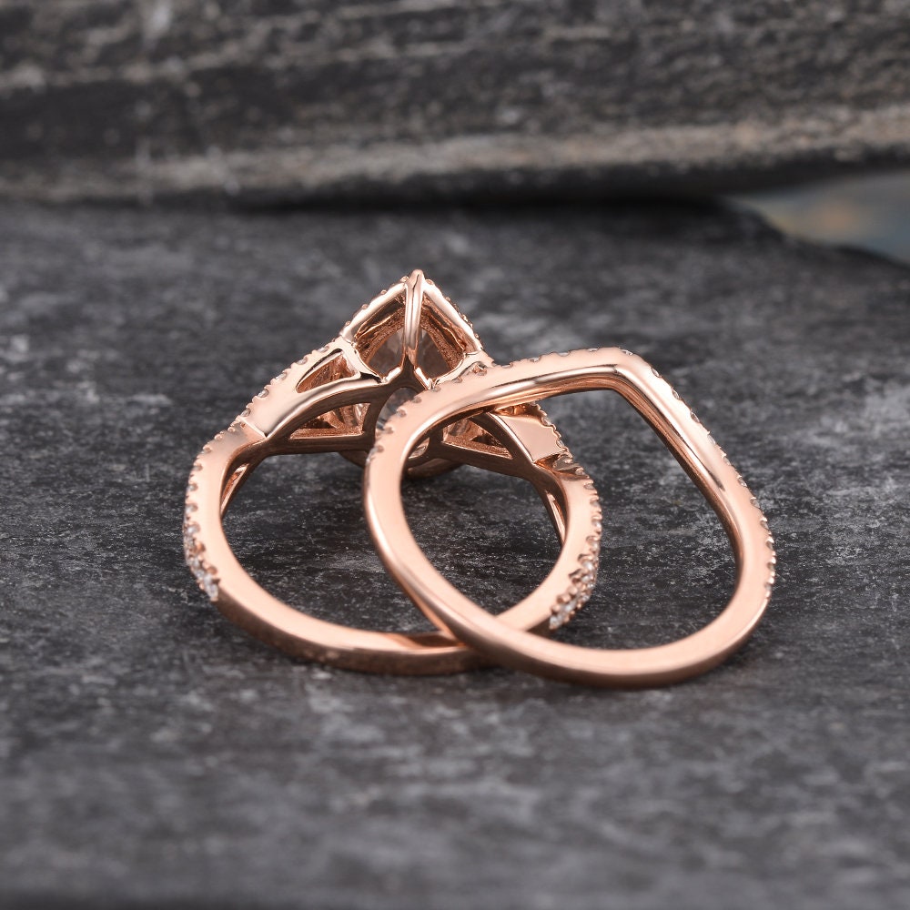 Pear Shaped Morganite Engagement Ring Set Rose Gold Natural Diamond ...