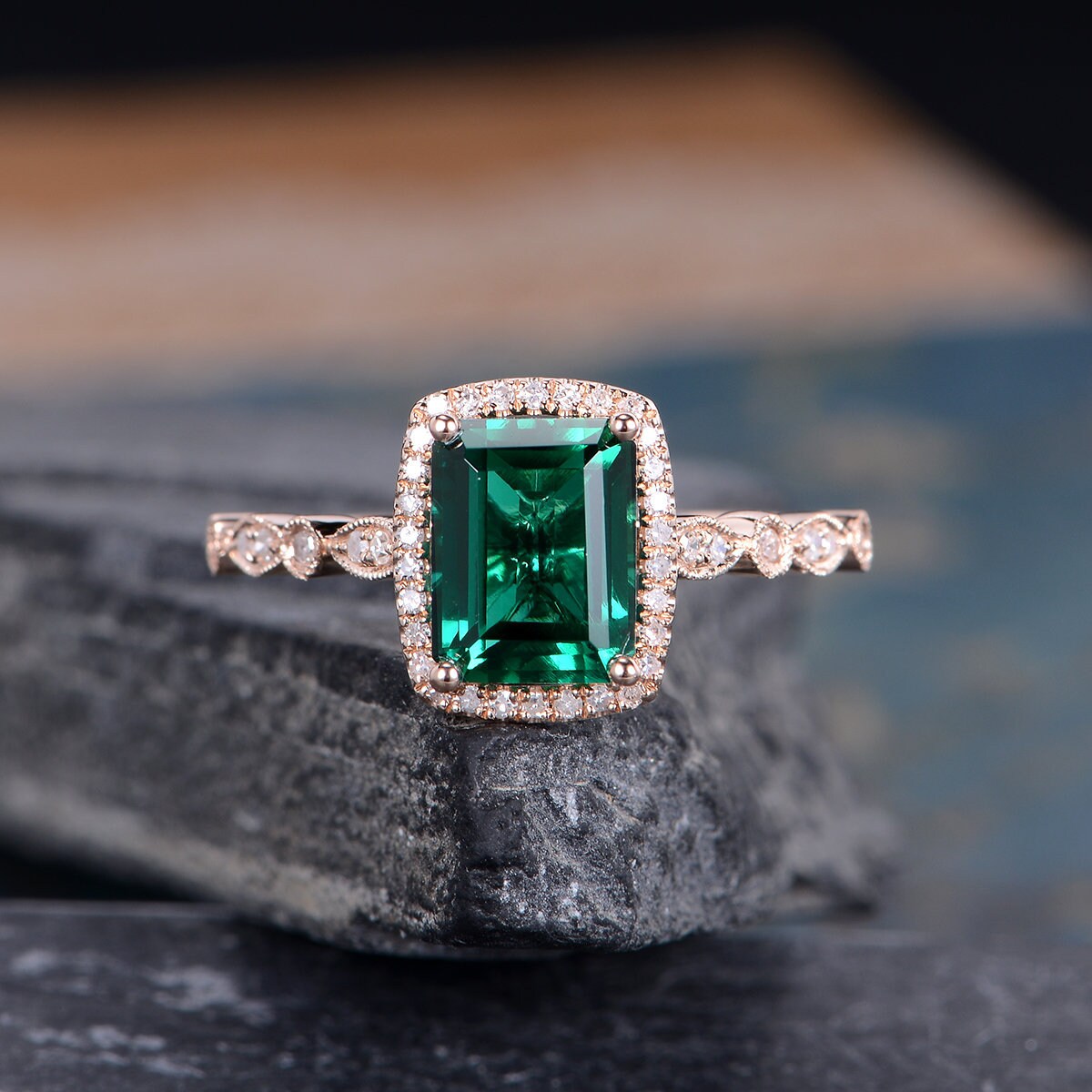 Rose Gold Lab Emerald Engagement Ring Diamond Halo Cushion Cut Etsy