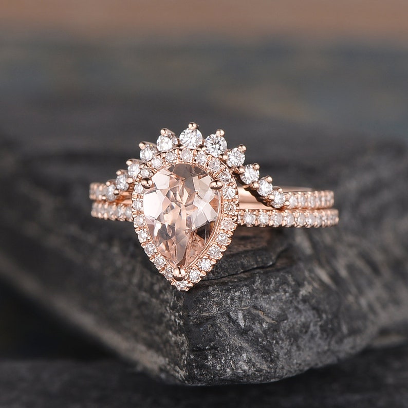 6x8mm Pear Shaped Morganite Bridal Set Rose Gold Engagement - Etsy